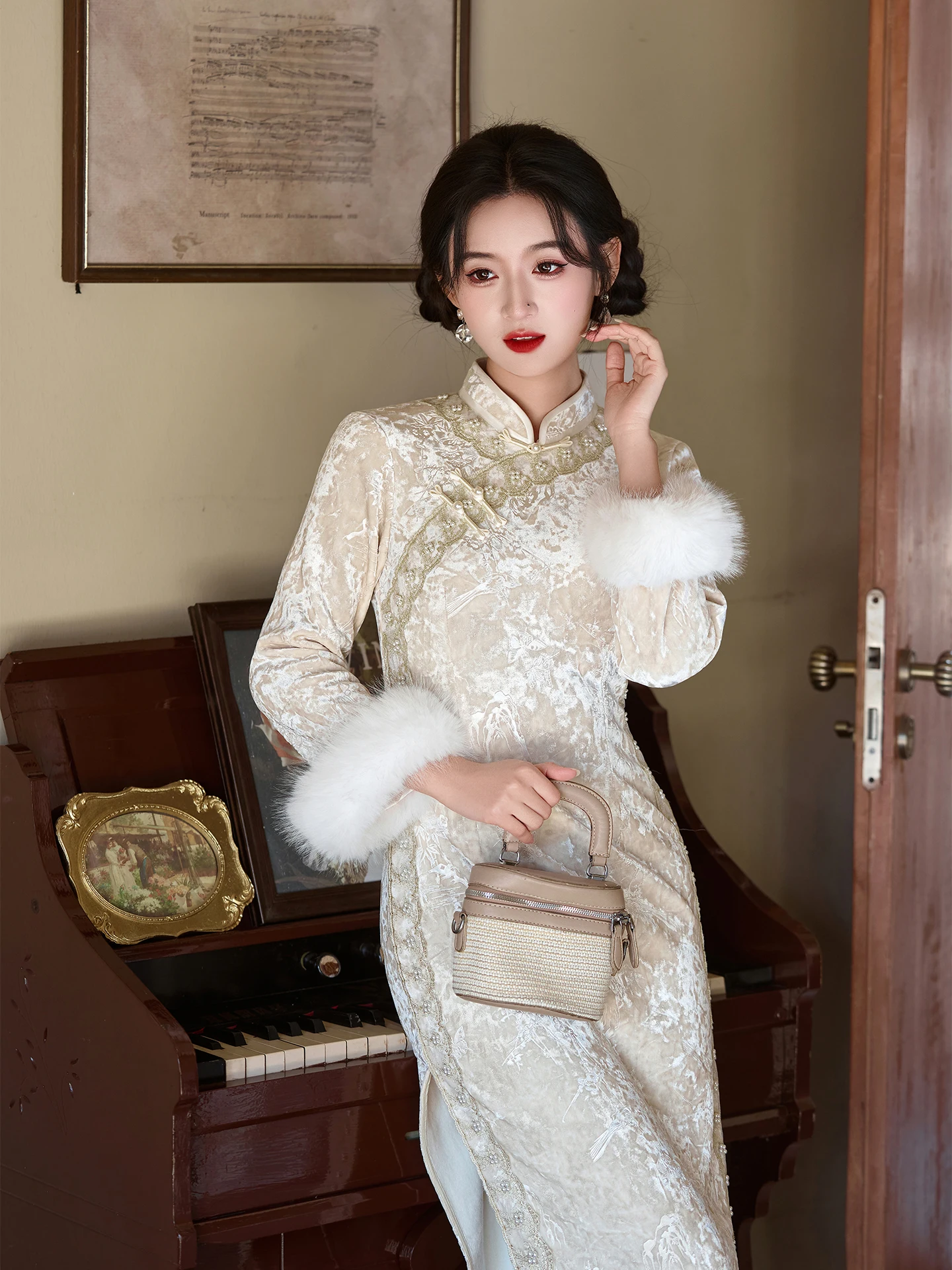 

Young Women's New Chinese Sle Enhanced Flag Robe Dr with Fce Winter Daily Wear Street Sle Long Sve Floral Print