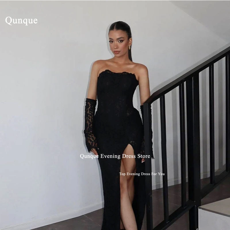 Qunque Lace Sexy Prom Dresses Customized Mermaid Evening Dresses Side Split Half Sleeves Formal Prom Dress Israel Party Gowns