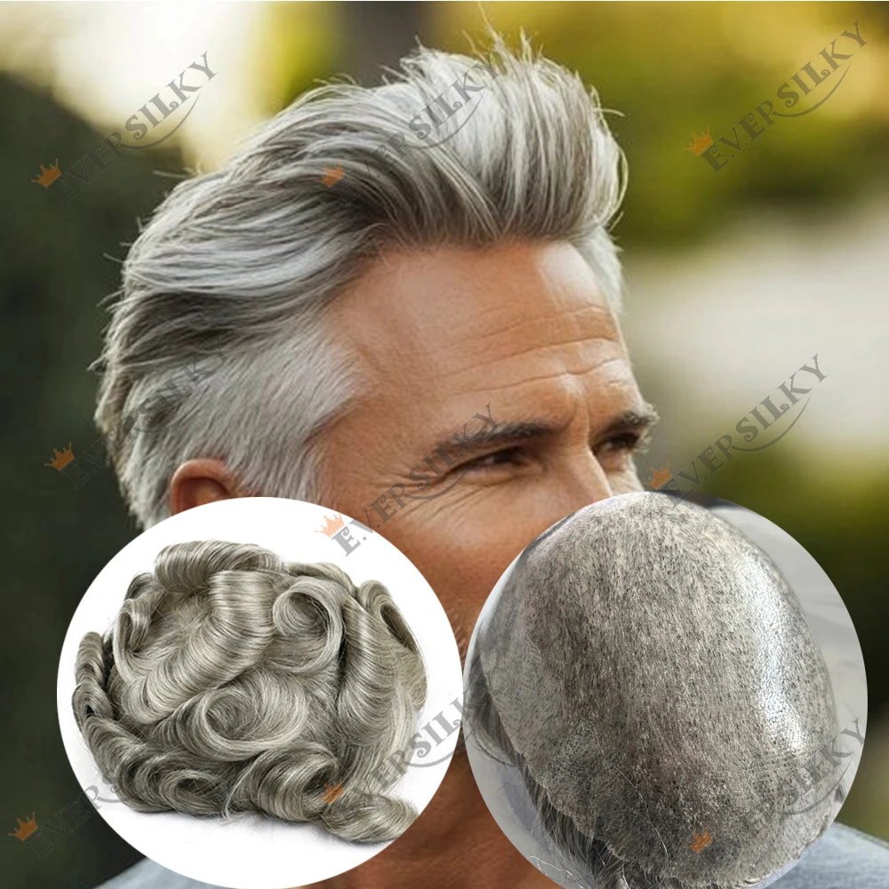 1b80 رمادي يبلغ من العمر رجل الشعر المستعار خط الشعر الطبيعي رقيقة الجلد الشعرية الاصطناعية دائم كامل بولي Ash الرماد البني شقراء أسود 100% الشعر البشري #1