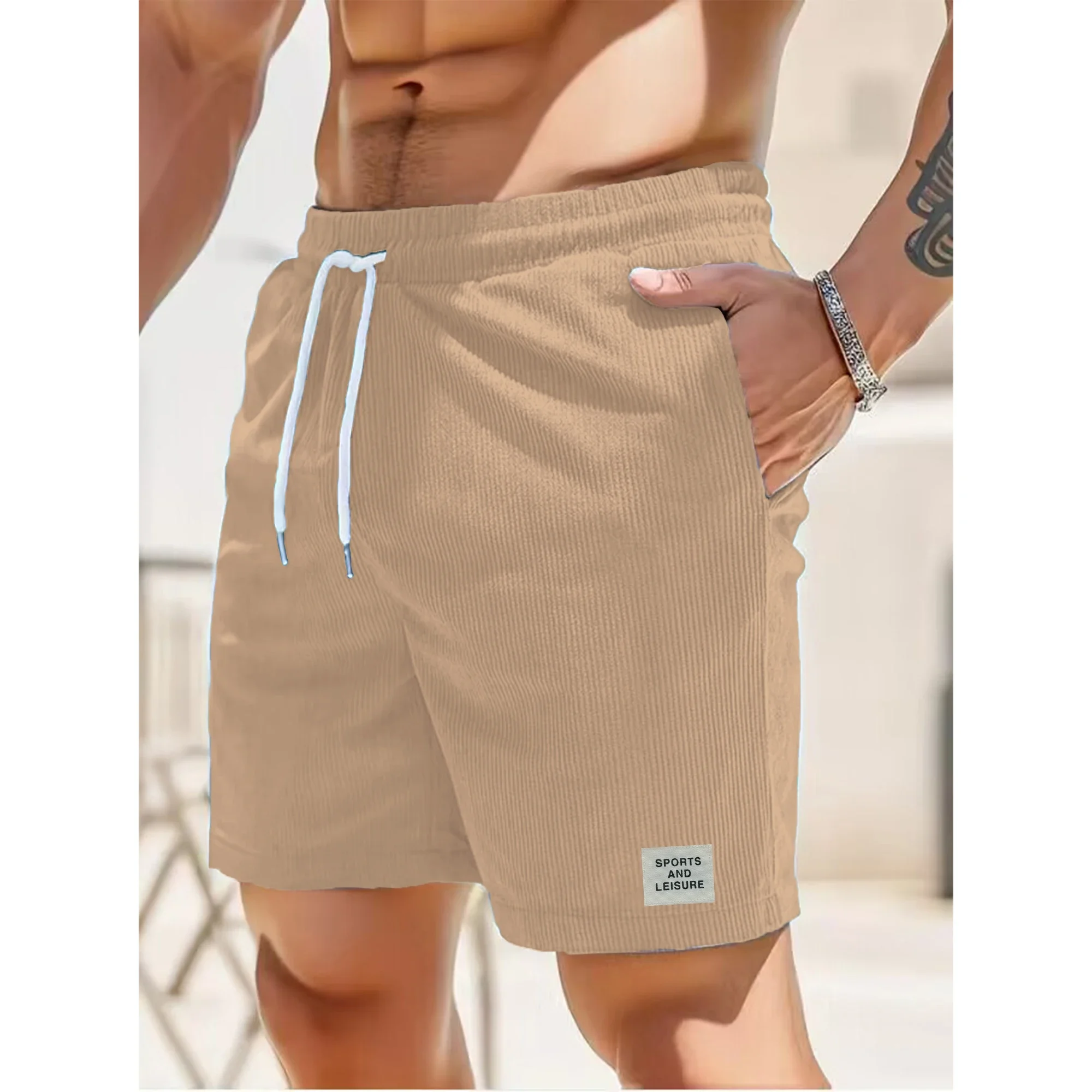 2024 Summer new solid color lace-up sweatpants corduroy simple quarter shorts men's shorts casual pants