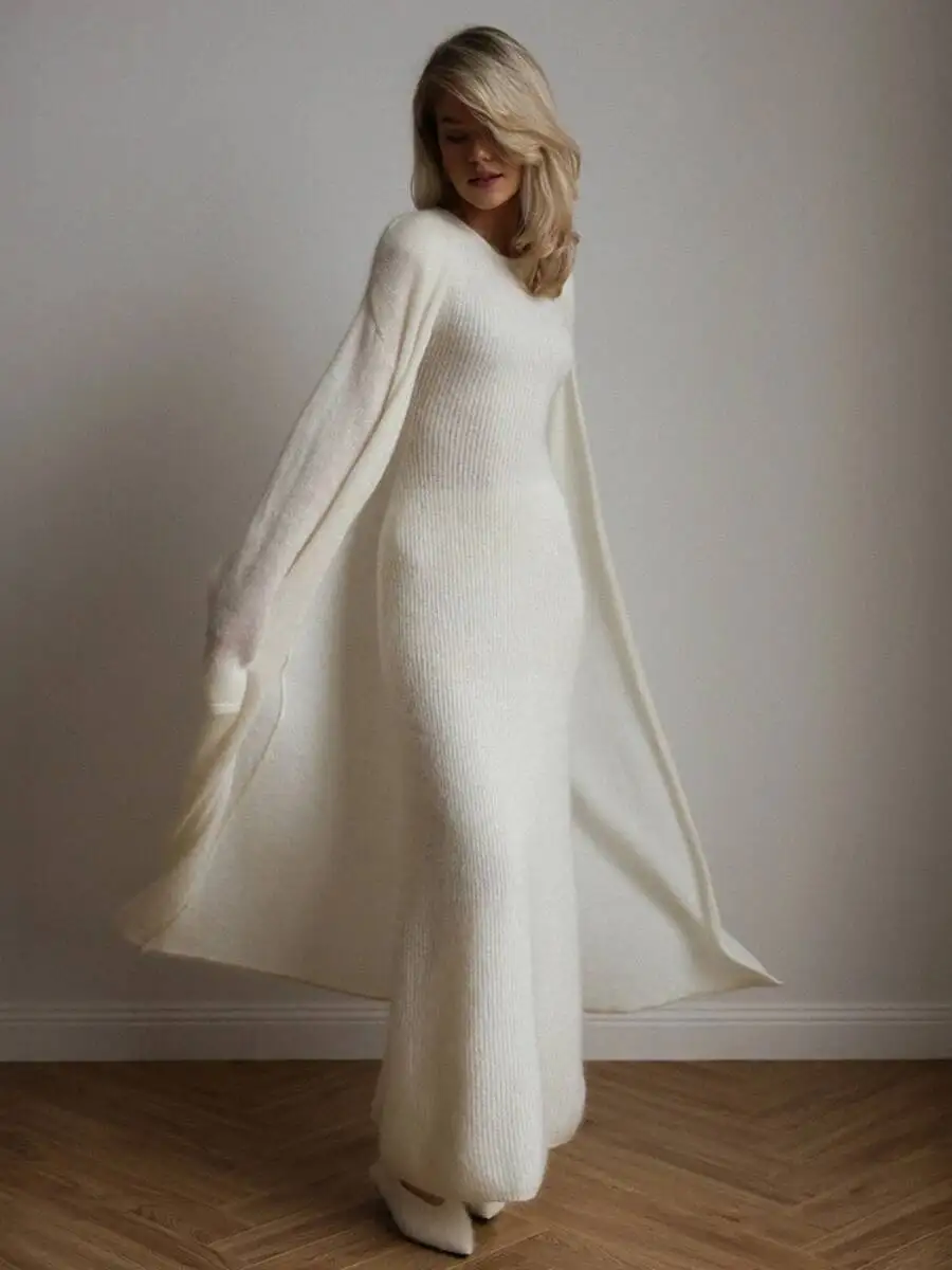 

Bornladies Women's Autumn Knit Cardigan Sleeveless Solid Color Trendy Maxi Length Elegant Fashion Dress 2-Piece Set