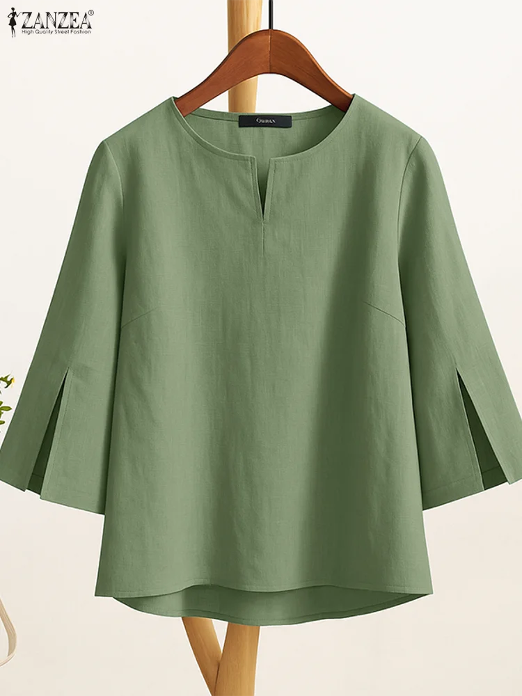 

Элегантные женские блузки 2025 ZANZEA, осенняя блузка, стильная однотонная рабочая рубашка OL, повседневные блузки с v-образным вырезом и рукавами 3/4, женские хлопковые топы