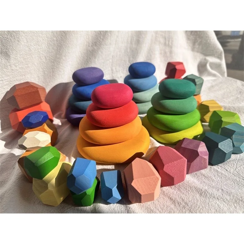 Wooden Toys Pine Rainbow Stacking Balance Stones Building Blocks Beech Pastel Gems for Kids Educational Play