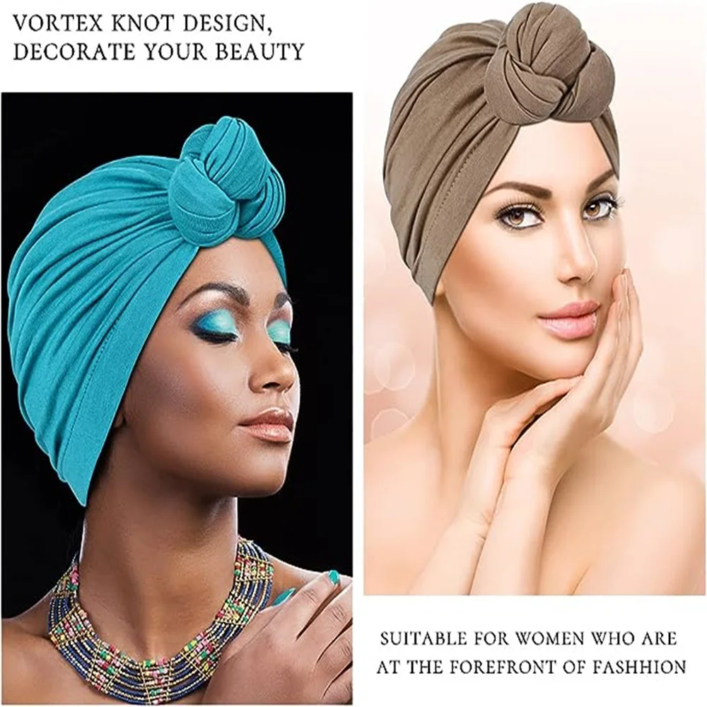 Solid Color Top Knotted Turban Caps for Women Pre-Tied Bonnet Indian Hats Muslim Female Head Wraps Beanie Hat Turbante Mujer