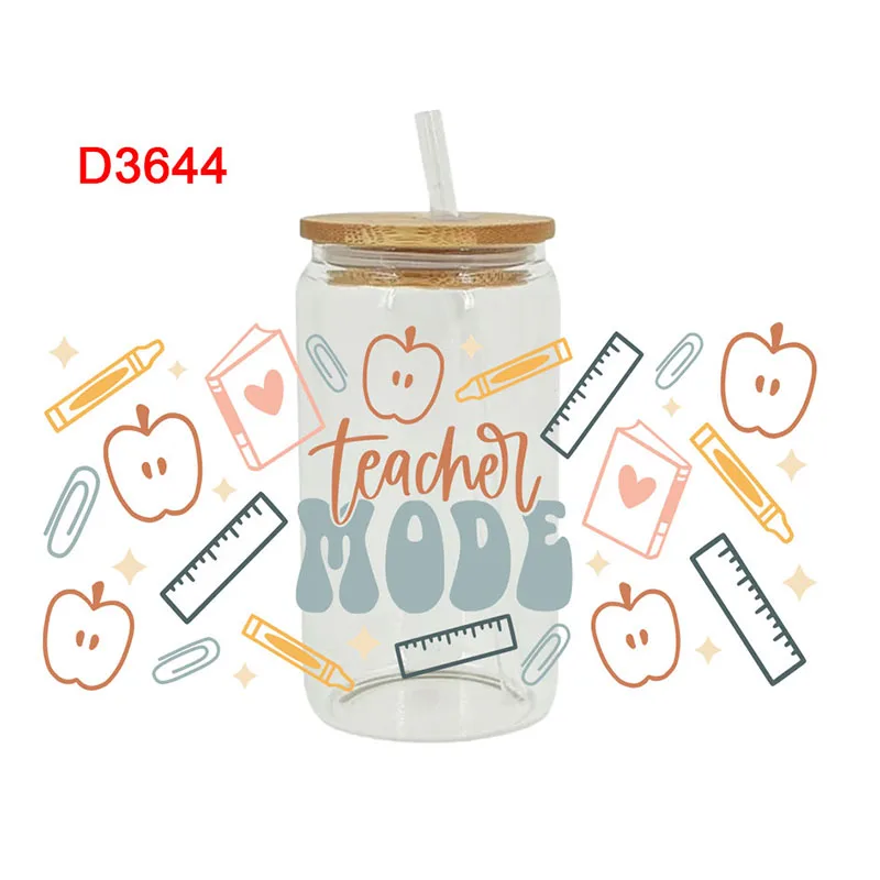 ملصقات نقل DTF ثلاثية الأبعاد للأشعة فوق البنفسجية سعة 16 أونصة يلتف المعلم العودة إلى المدرسة مطبوعة من الجلد المعدني والزجاج وما إلى ذلك. D3604