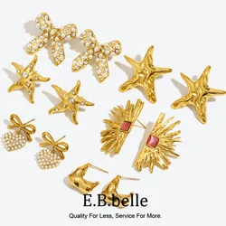 E.B.belle Hammer Texture Hook Shaped Shell Inlaid with Starfish Irregular Fan-shaped Red Agate Pearl Zircon Bow Earrings