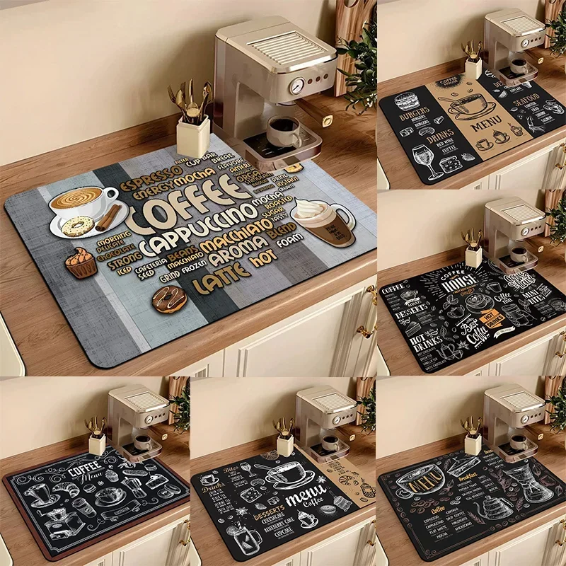Coffee Cup Pattern Drain Pad Coffee Machine Carpet Silicone Mat Dish Drying Table Mat Coasters Placemats For Table Coffee Table