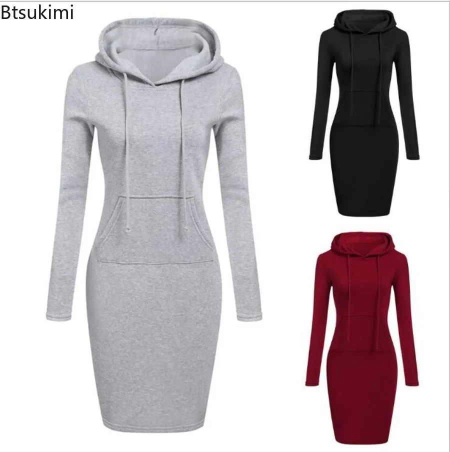 

Autumn Winter Warm Sweatshirt Long-sleeved Dress Woman Clothing Hooded Collar Pocket Simple Casual Lady Dress Vesdies Sweatshirt