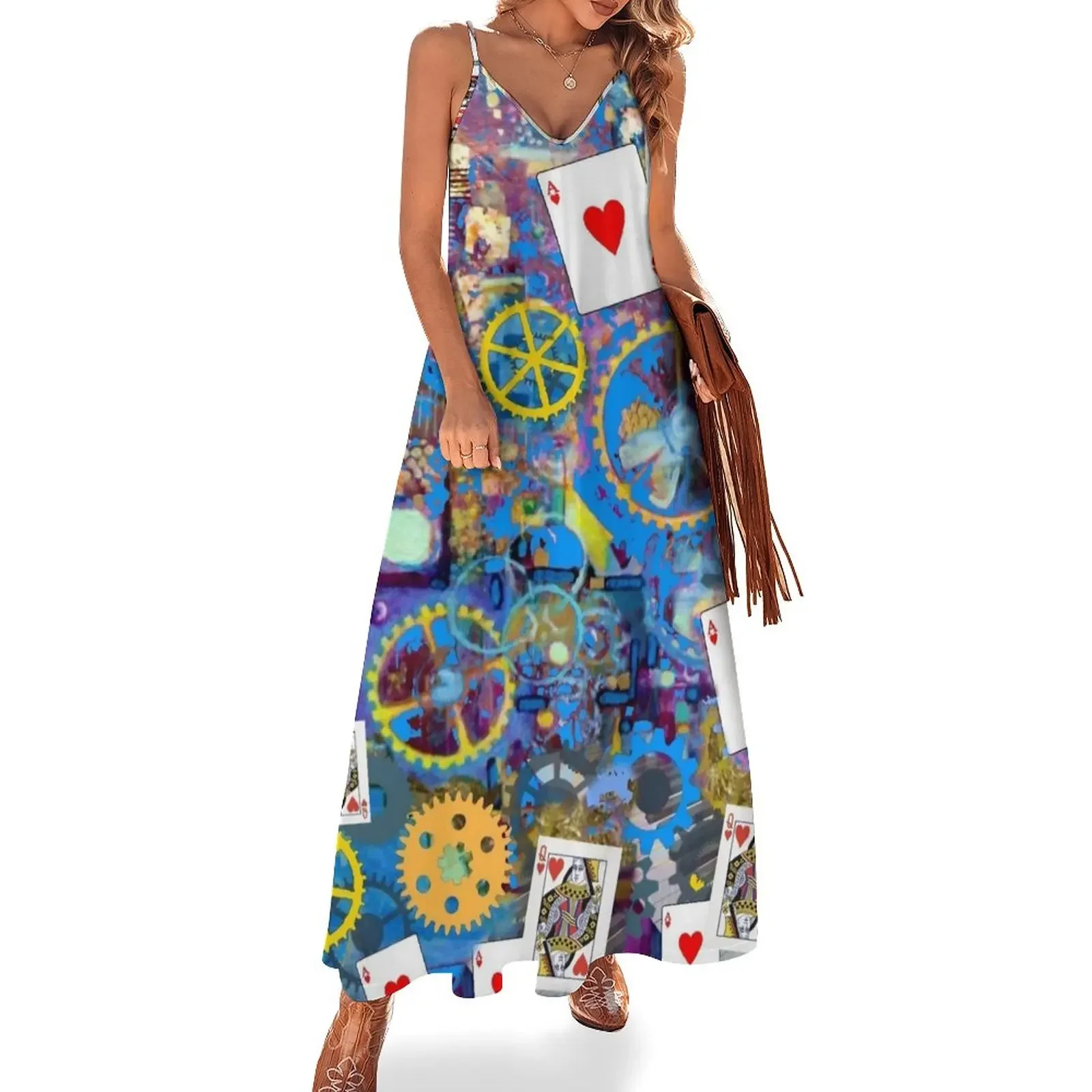 

THE RED QUEENS STEAMPUNK CARD GAME MUSIC BOX BLUE ART Sleeveless Dress summer dress Bridesmaid dress woman