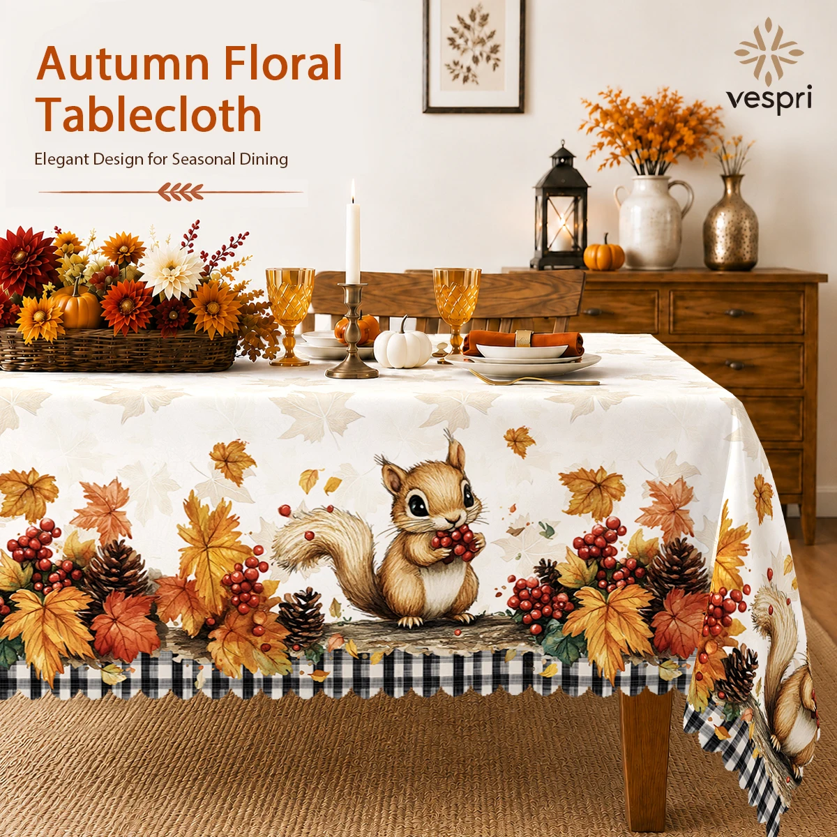 Woodland Tablecloth with Squirrels and Maple Pumpkins for Indoor/Outdoor Camping decor, Rectangular/Round/Oval