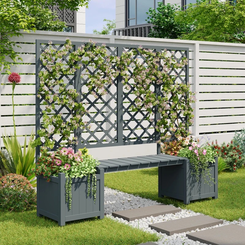 Pot de fleurs, pot de fleurs avec treillis pour plantes grimpantes, pot de fleurs spacieux, bac à fleurs, massif en sapin gris, pot de fleurs avec treillis et siège pour jardin et terrasse