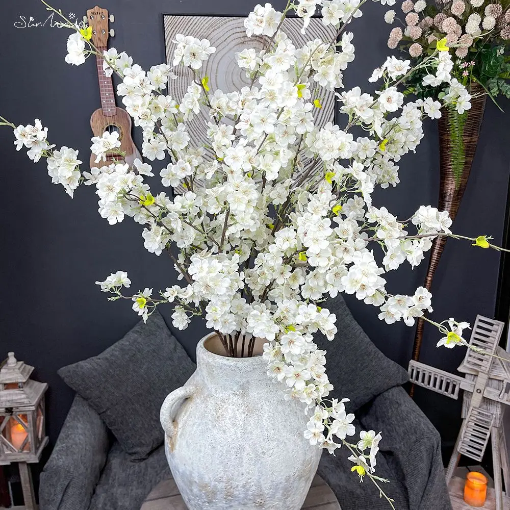 SunMade 4-Fork Cherry Blossom Long Branch Silk Artificial Flowers Pink White Flower Home Wedding Garden Decor Flores Artificales