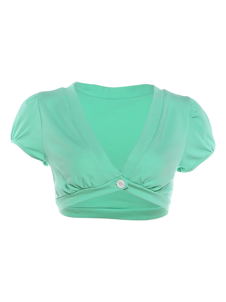 Weird Puss Dopamine Style T-Shirt Women Button Deep V-Neck Puff Sleeve Sexy High Street Hottie Simple Classic Casual Clubwear