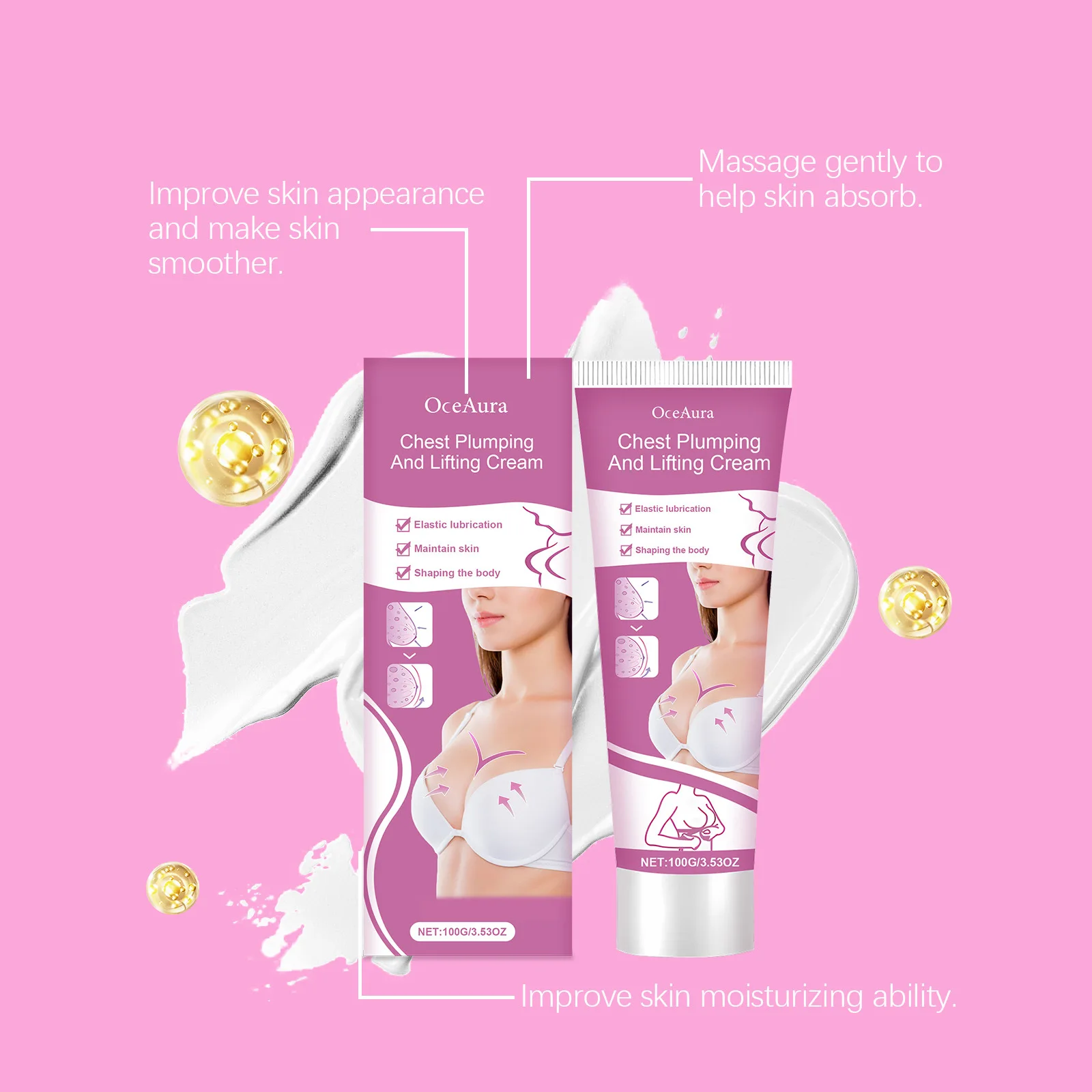 Crema para el Crecimiento Rápido de los Senos OCEAURA, Reafirmante, Voluminizadora, Moldeadora, Sexy, Mejora la Elasticidad, Absorción Rápida, Crema de Masaje para los Senos