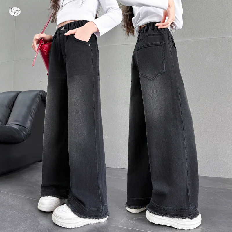 

Girls' Winter Jeans Frayed Hem Wide-leg Jeans Vintage Denim Long Pants Teen Straight-leg Pants Suitable for Ages 7-14
