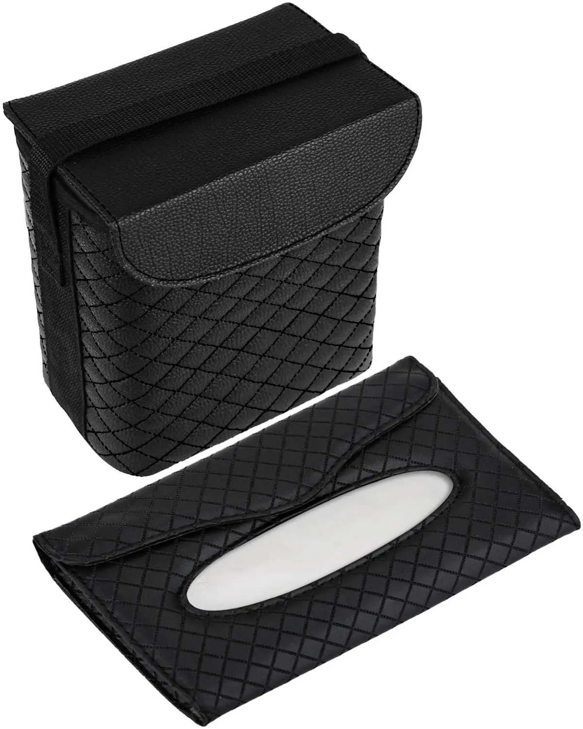 

Leather Car Trash Can with Tissue Holder, Waterproof Mini Garbage Bin with Lid and Adjustable Strap