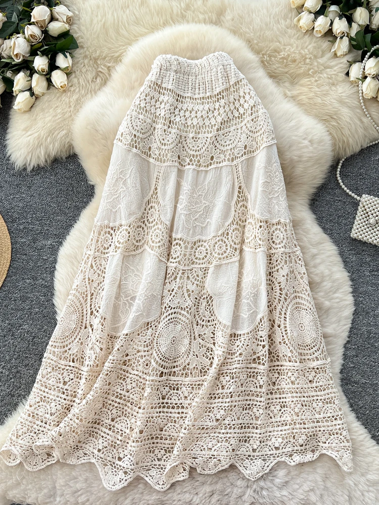 الكورية Sle الحلو الثقيلة التطريز تفريغ الدانتيل ألف خط ميدي تنورة المرأة عالية الخصر التخسيس Ci تخفيف ألياف البوليستر #3