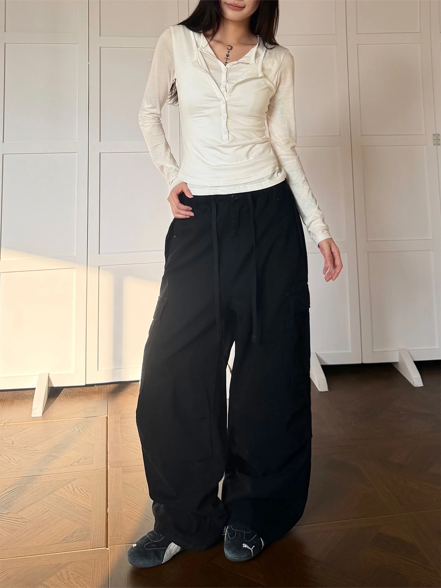 

Waed Vintage Multi-ket Work Trousers Loose Straight Leg Wide Leg Pants for Men And Women American Sle Casual Pants