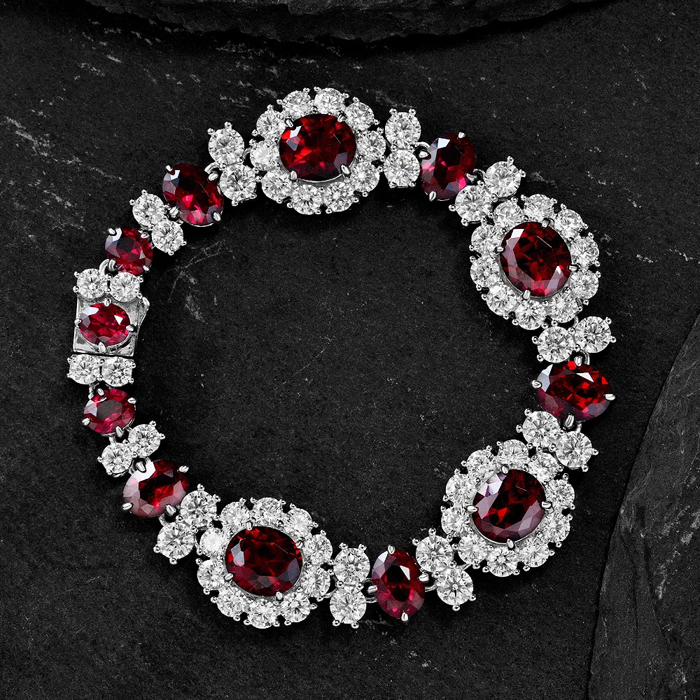 Ables Chic Solid Silver Simulated Ruby Oval Gemstone Floral Bracelet  Wedding Bling Bracelet S2R1S2B0101