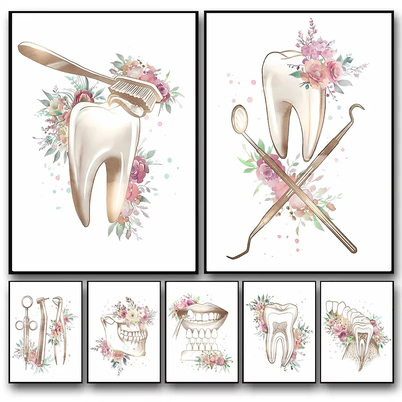 Teeth Anatomy Art Floral Painting, Watercolor Dentistry Posters, Wall Photos for Dental Clinic Decor, Oral Health Canvas Prin