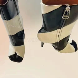 Black White Stripe Design Horse Hoof Boots Side Zipper Women Shoes Thin High Heels Fashion Party Feast 2024 Zapatos Para Mujere