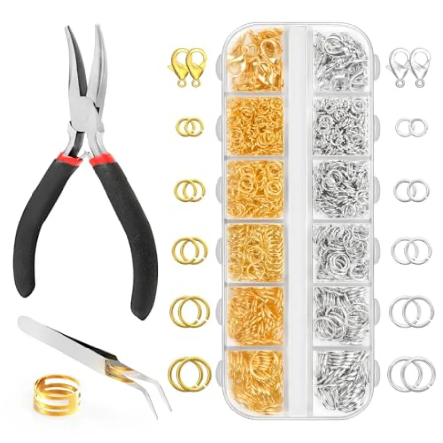 

1200 Pcs Jump Rings for Jewelry Making Supplies, Necklace Repair Kit with Plier, Tweezer, Lobster Claw Clasps, Open Rings for C