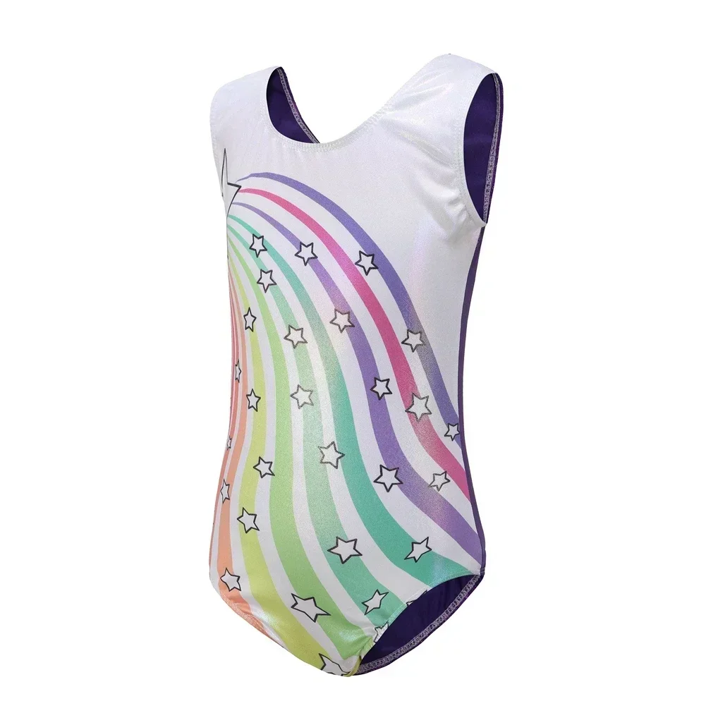 ثياب الجمباز للفتيات بعمر 5-14 سنة سباركلي قطعة واحدة شريطية مطبوعة على شكل نجمة ملابس رياضية بدون أكمام ملابس رقص