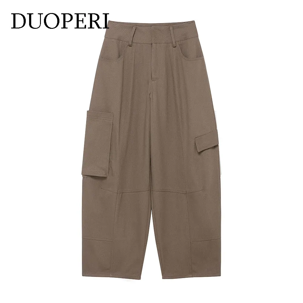 

DUOPERI Women's With Pockets Brown Front Zipper Wide Leg Cargo Pants Casual High Waist Full Length Female Chic Trousers