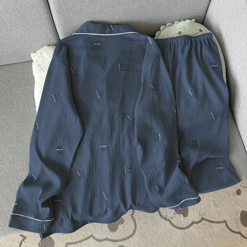 بيجامات رجالية مريحة تناسب الحد الأدنى للخريف مطبوع عليها حروف على طراز الشباب ملابس تنحيف قطنية مطبوعة على شكل سحابة بأكمام طويلة طقم مكون من قطعتين