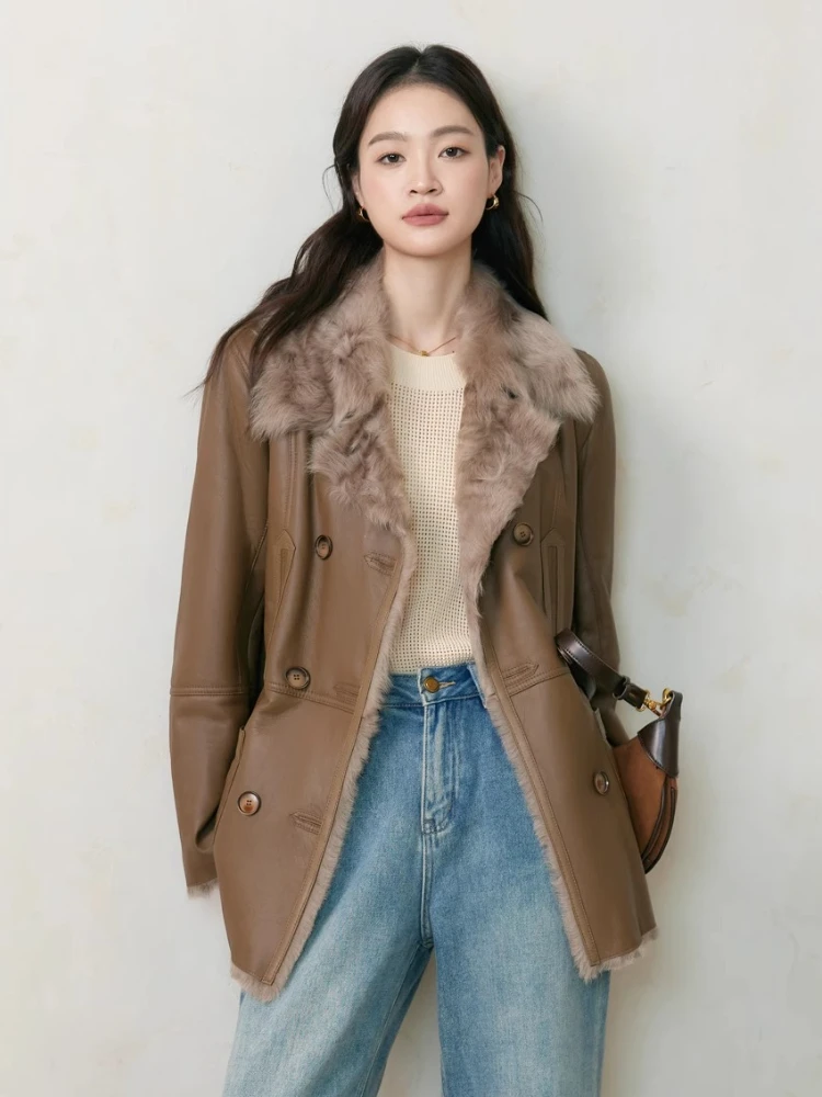High-end หรูหราของแท้หนัง Lamb FUR ฤดูหนาวแจ็คเก็ตผู้หญิง Simple VINTAGE Double Breasted หนา WARM ขนสัตว์จริง Coat