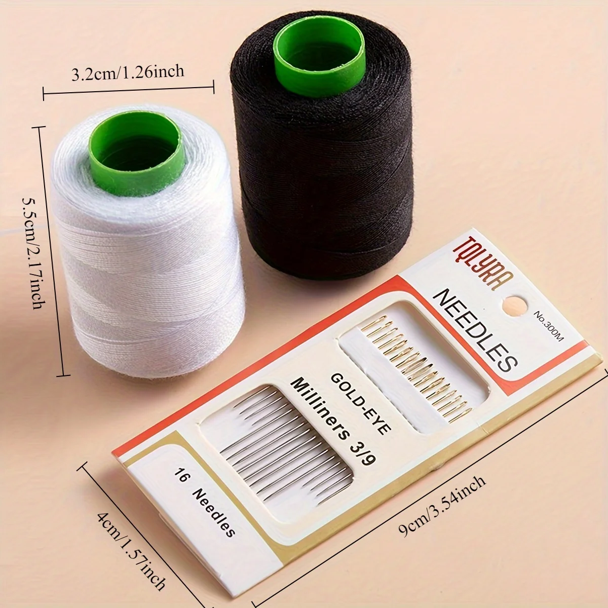 1 Set Complete Sewing Kit with 16 GoldenEye Milliners 319 Needles, Polyester Thread in White