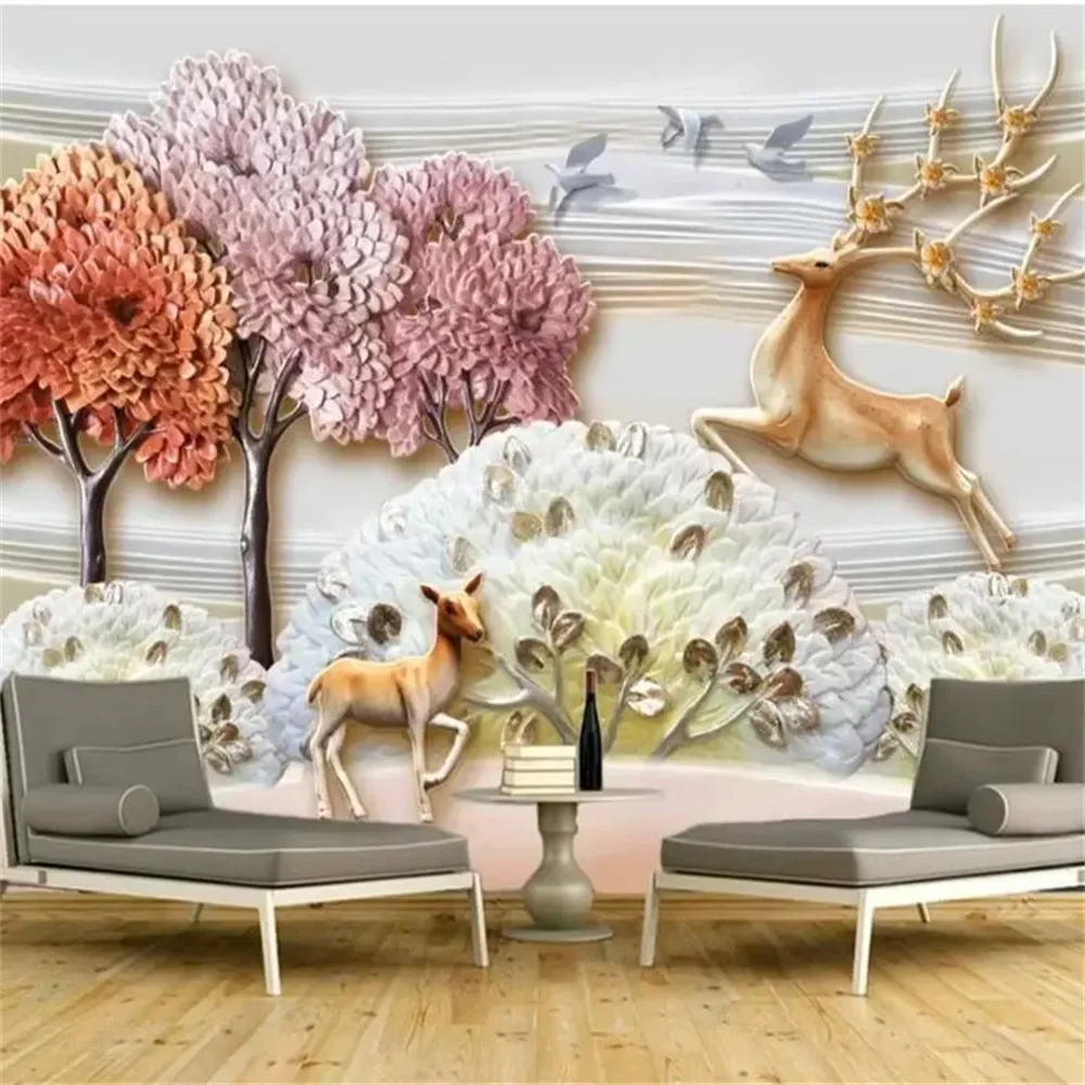 

Custom wallpaper 3d murals new Chinese embossed forest sika deer landscape TV background wallpapers home decor papel de parede