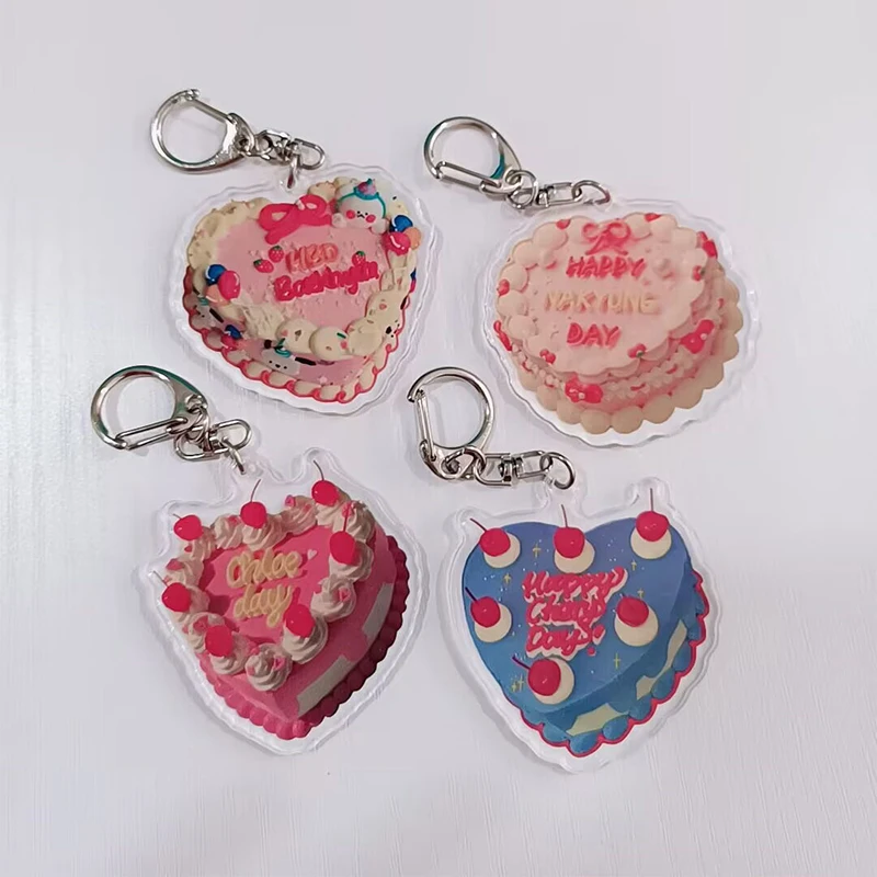 Vintage Colored Happy Birthday Cake Acrylic Keychain Bag Hanging Charms Kawaii Headphone Box Pendant Decoration Car Keyring