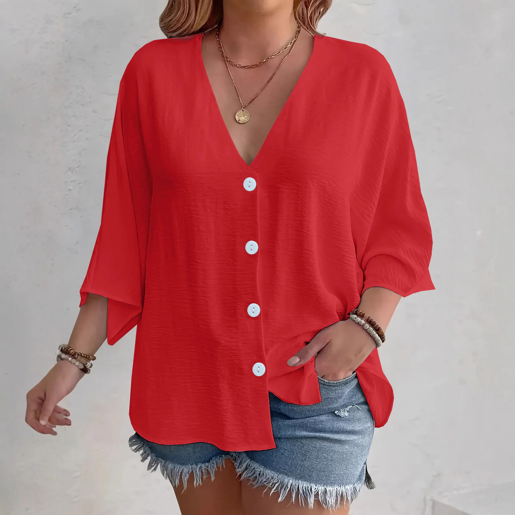 Lady Cloth Spring/autumn New Women's V-neck Button-down Ice Silky Crinkled   Solid Color Cardigan. With Three-quarter Keys Sexy