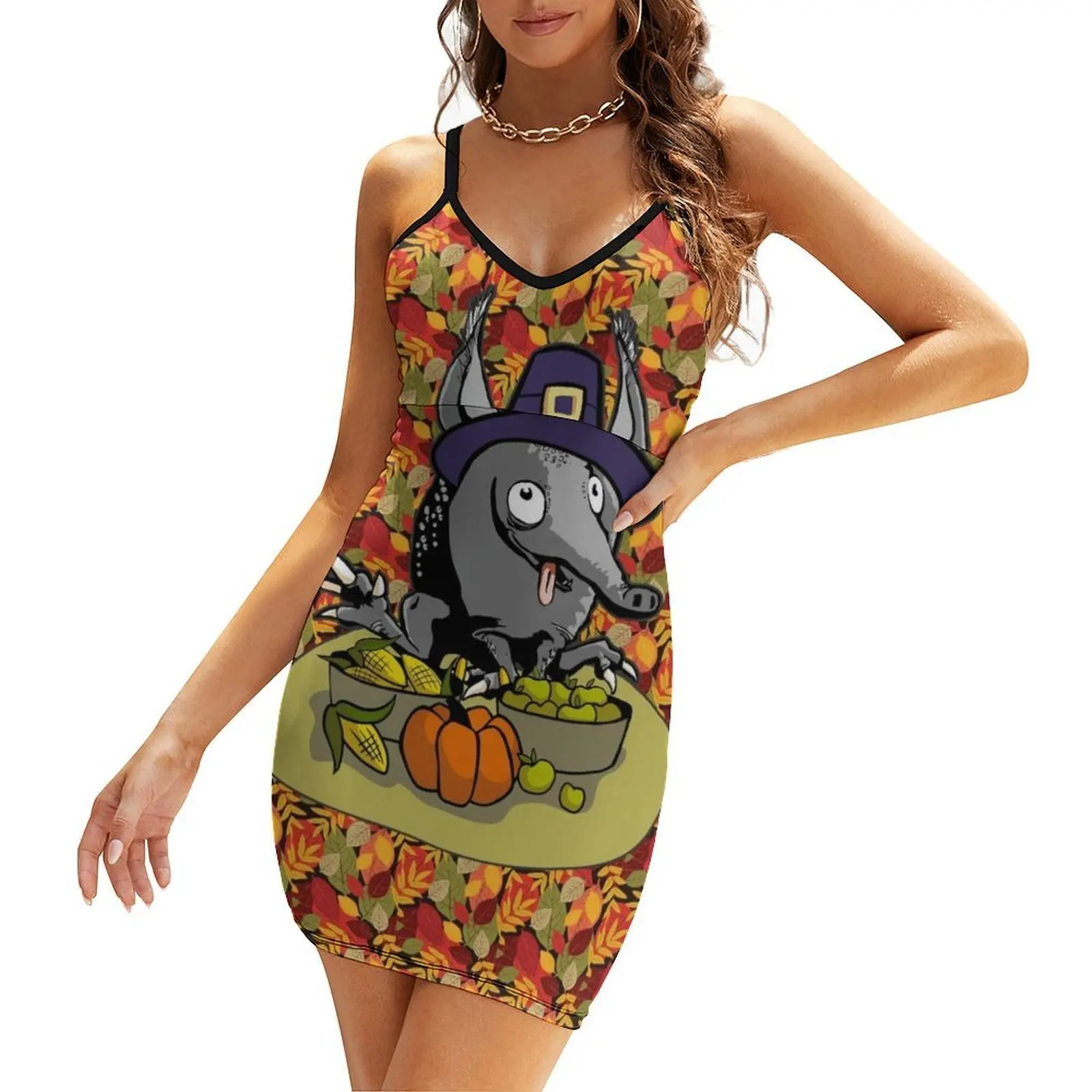 

Thanksgiving armadillo pilgrim hat cute quirky cartoon leaves Sling Dress women dresses Dress woman