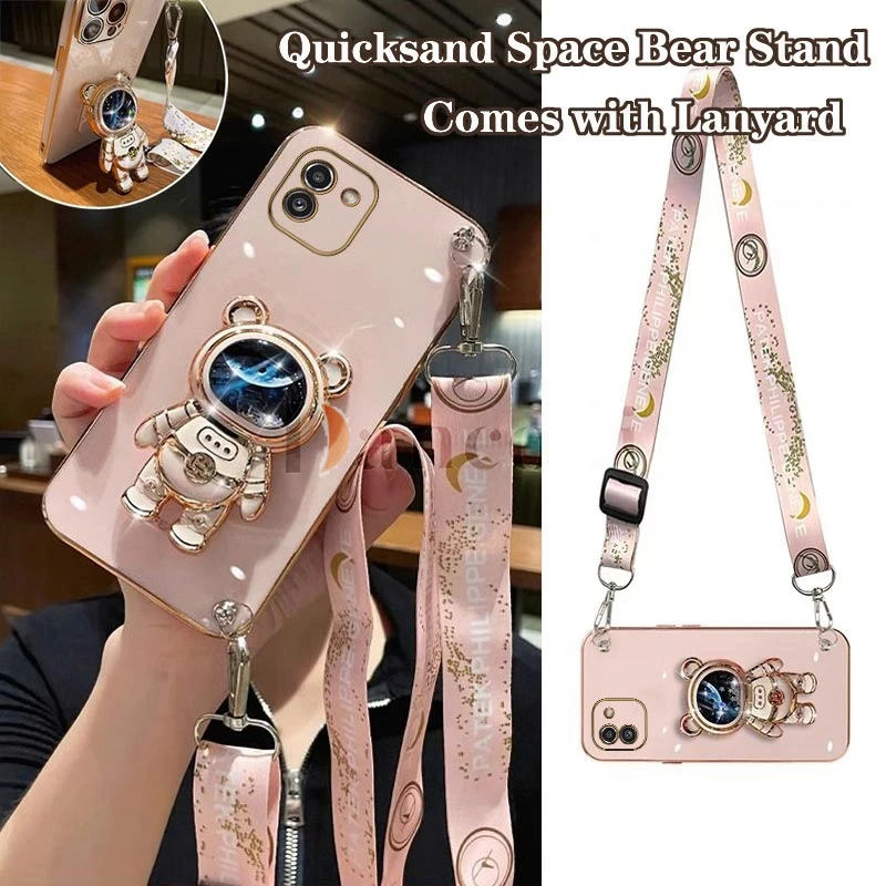 Quicksand Astronaut Lanyard Plating Phone Holder Case For Samsung Galax A03 A03S A04 A04E A04S A34 A31 A12 A14 A21S A13 Cover