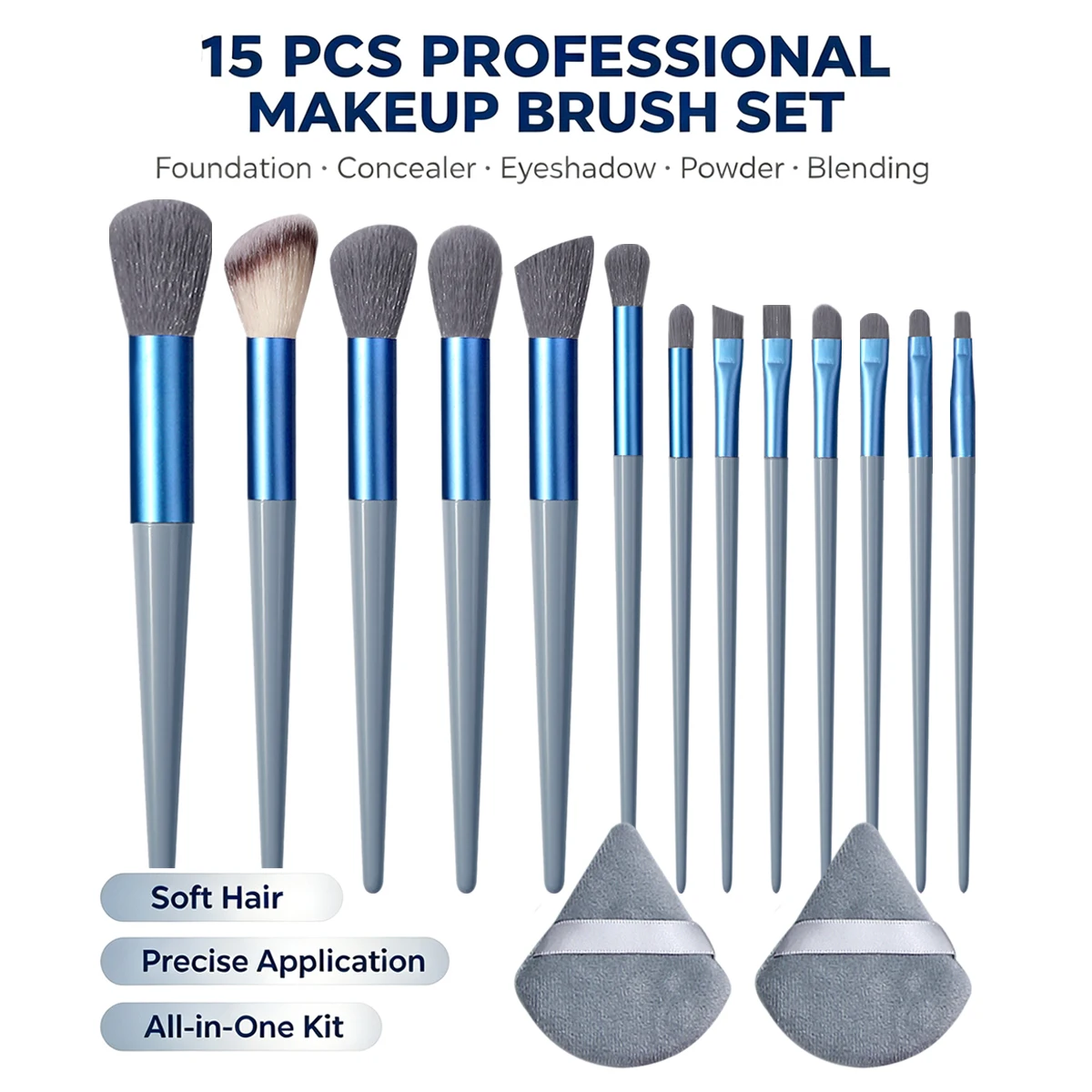15Pcs Professional Makeup Brushes, Soft Synthetic Blue-Gray Handles, Complete Face & Eye Makeup Brush Set with 2 Triangle Powder