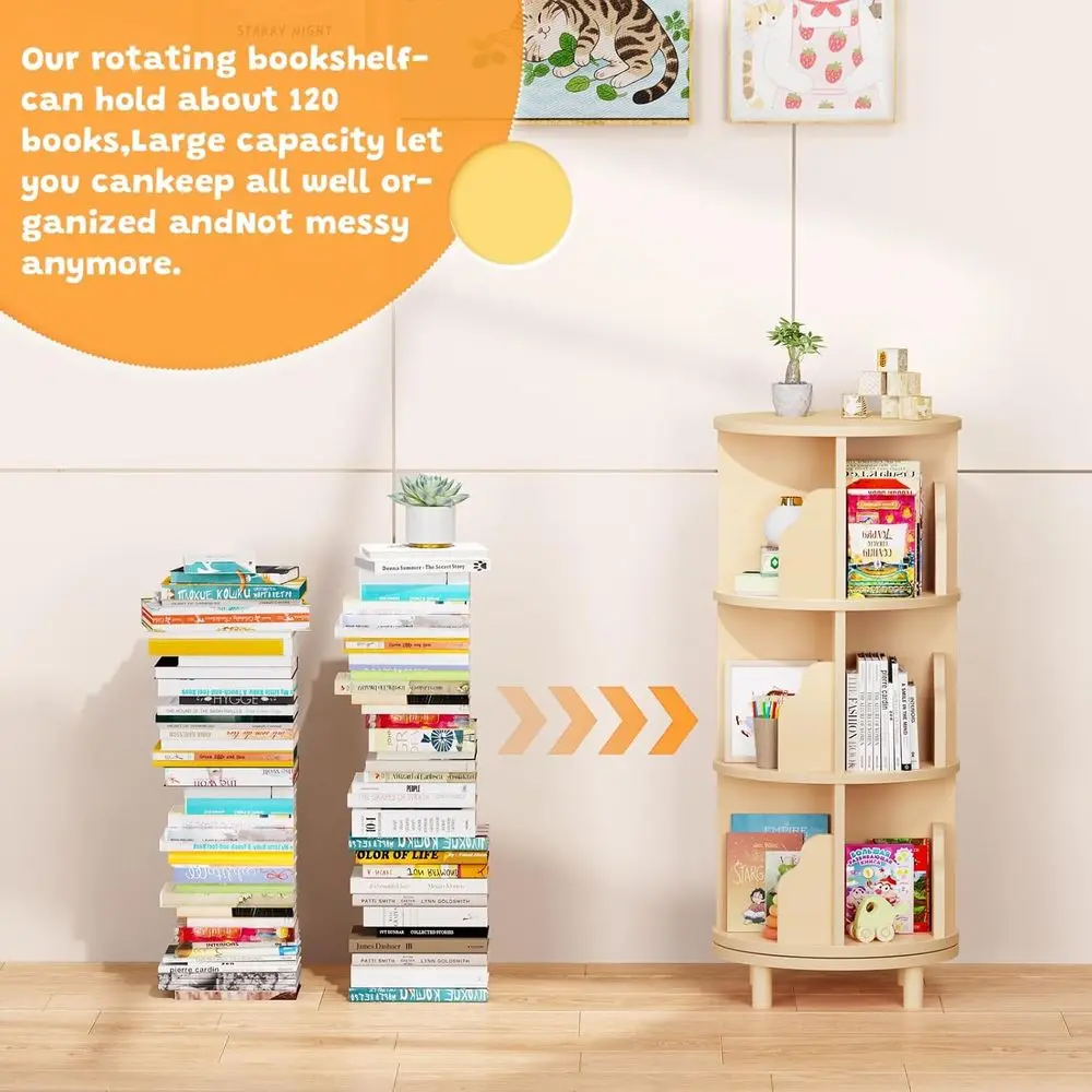 برج رف كتب دوار للأطفال، منظم كتب خشبي دوار 360 درجة مكون من 3 طبقات للأطفال الصغار، خزانة كتب دوارة مستديرة من مونتيسوري #3