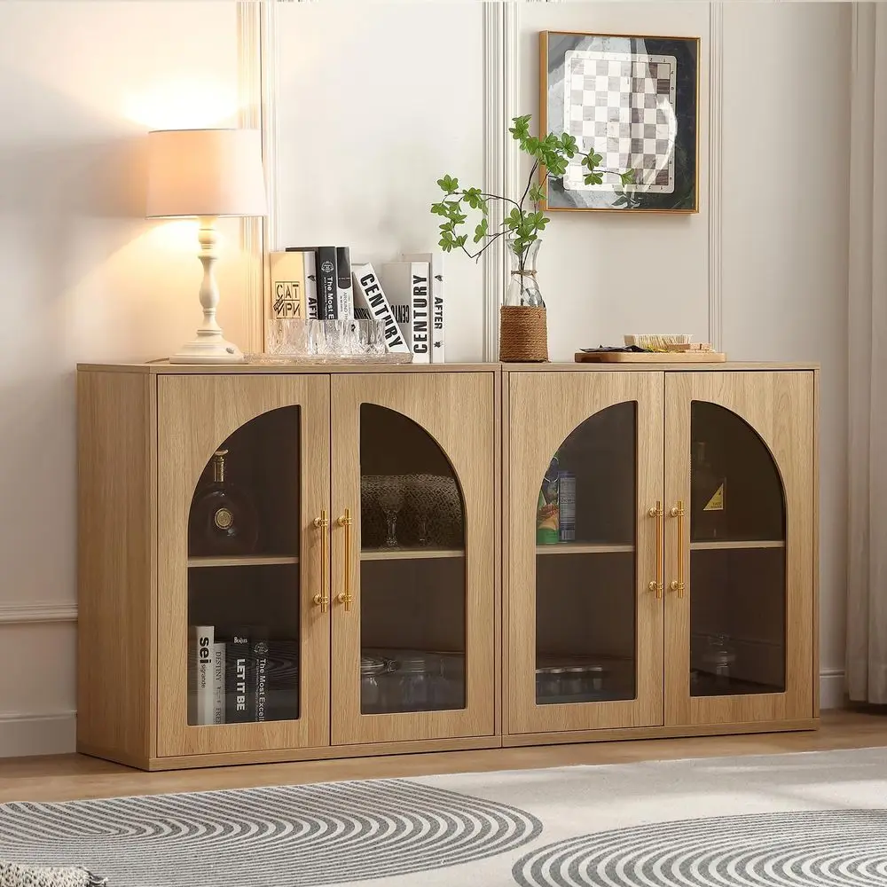 

Set of 2 Small Display Buffet Cabinet with Arched Glass Doors, Modern Buffet Sideboard Coffee Bar Cabinet with Storage and Adju