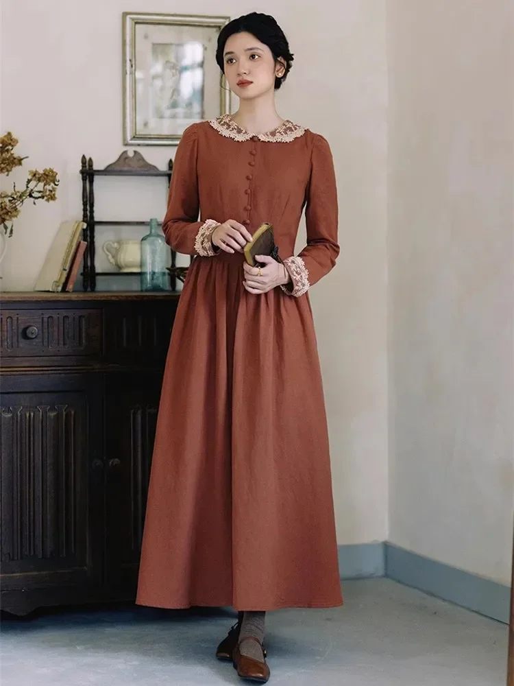 84-96 سنتيمتر التمثال SpringFall فساتين النساء خمر أنيقة ضئيلة الدانتيل بيتر بان طوق كم طويل لينة مريحة فستان قطن رامي