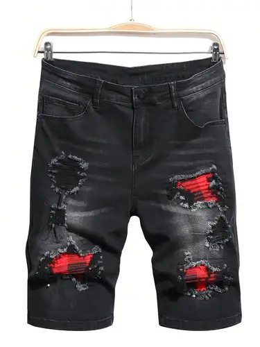 Imagen 2 del producto Pantalones cortos vaqueros elásticos lavados de verano para hombre, ropa de calle informal a la moda, pantalones cortos vaqueros rectos desgastados con agujeros rasgados para hombre