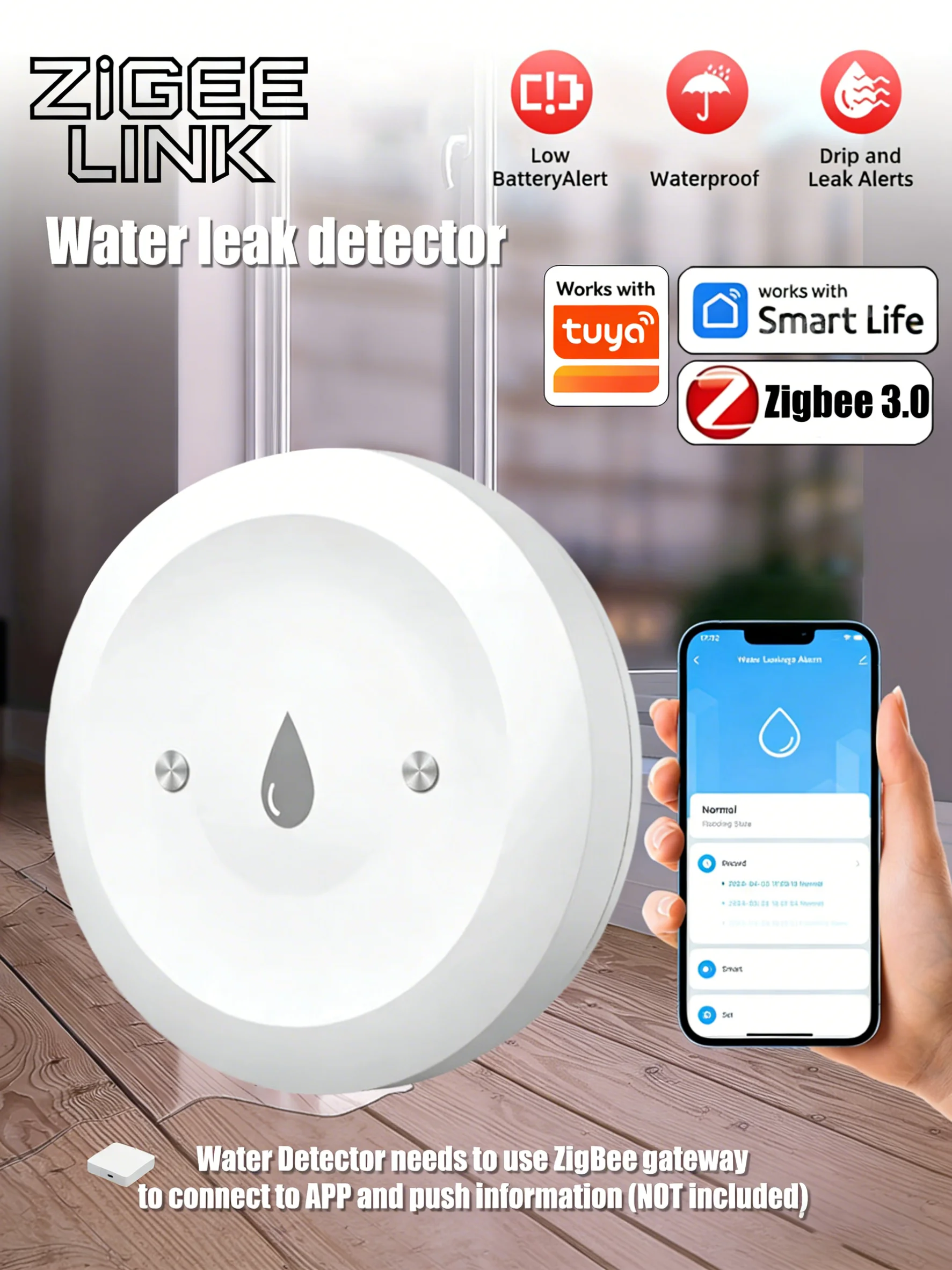 Zigbee Wasserleck-Sensor, Überflutungs- und Überlauf-Sicherheitsdetektor, APP-Echtzeit-Fernalarm für den Haushalt, Schutz vor Wasserlecks