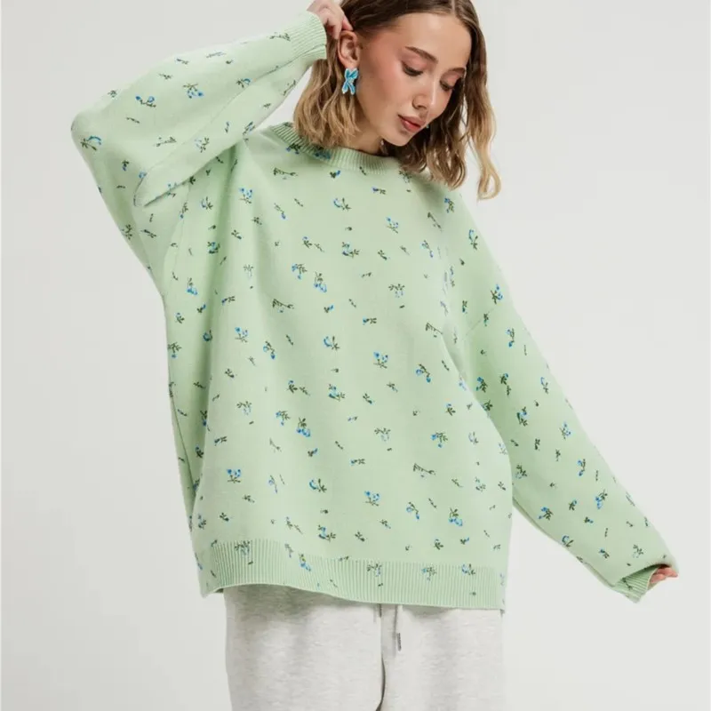 Bohemian Fashion Flower Women's Pullover Spring Autumn Thin O-Neck Loose Knitted Sweater Ladies Elegant Versatile Office Sweater