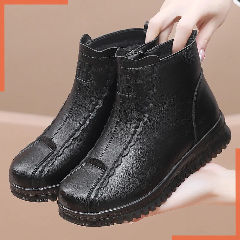 Women Winter Snow Boots Genuine Leather Thick Plush Warm Female Casual Ankle Boots Mother Waterproof Non-slip Booties