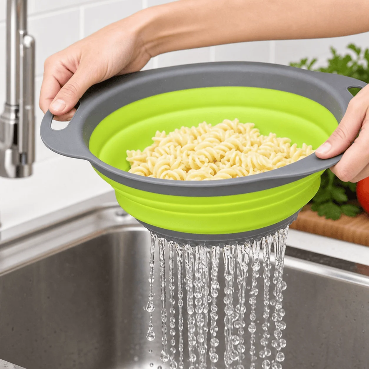 Collapsible Silicone Colander, Foldable Round Strainer Basket with Handles