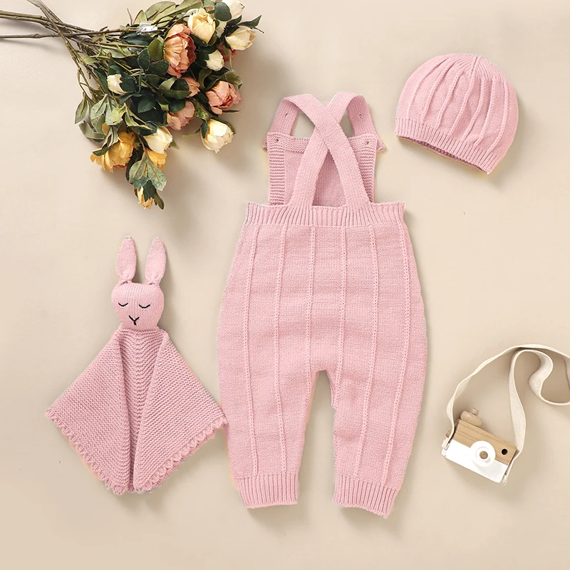 Autumn Winter Newborn Baby Romper Hats Security Towel 3pcs Set 0-18m Fashion Pure Color Knit Infant Boy Girl Playsuit Sleeveless