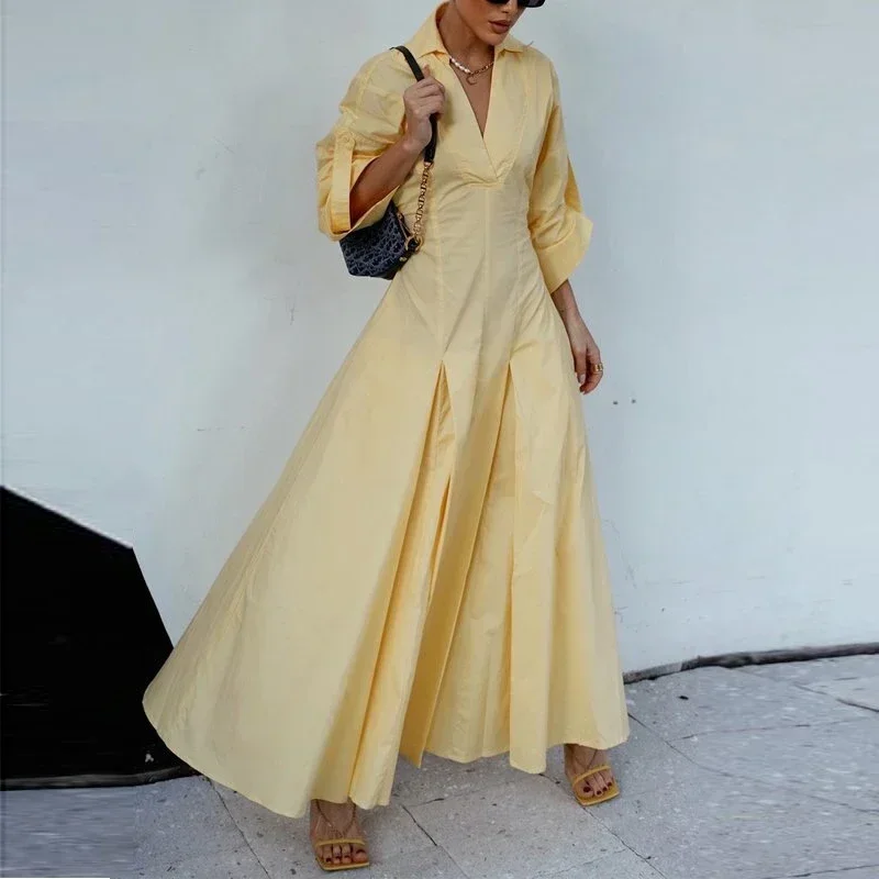 Women's Spring Autumn V-neck Maxi Dresses 2025 New Vocation Evening Birthday Wedding A-Line Shirts Long Dress for Office Ladies