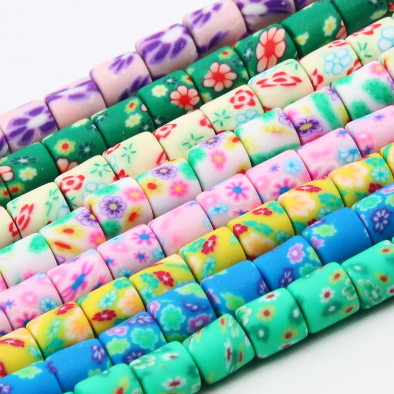 62pcs/strip 6mm Flower Polymer Clay Beads Cylinder Spacer Beads Bracelet Loose Beads For Jewelry Making Diy Crafts Accessories