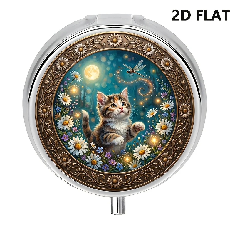 Two-dimensional design, single-piece pill box, contains 3 compartments, features a magical night garden theme with a scene of cats and dragonflies under the moonlight, decorative metal portable pill and vitamin box, unique gift-style compact pill box, suitable for travel and daily use, two-dimensional design