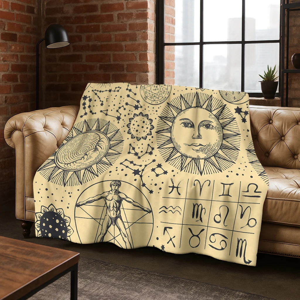 Gothic Sun Face Moon Face Witchcraft Tarot Flannel Blanket Soft Warm Blanket for Bedroom Room Living Room Travel Camping Picnic